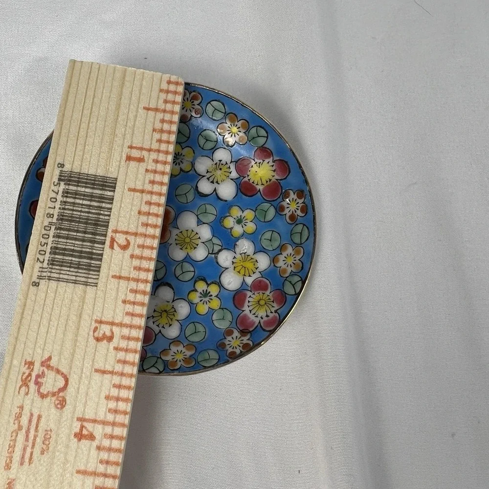 Vintage Viking Import Japan Floral Trinket Dish Blue Enamel Gold Rim Flowers 60s
